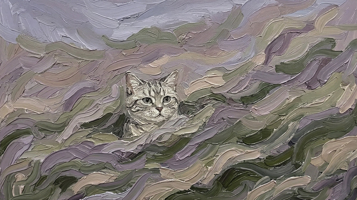 Oil painting style wallpaper featuring a tabby cat head peeking through heavy, impasto-style brushstrokes in green and lavender.