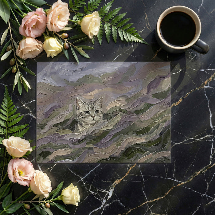 A quiet bedroom corner with the textured cat pattern providing a soothing, artistic backdrop.