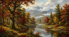 Oil painting style wallpaper mural of an autumn river valley with colorful foliage and misty mountains.