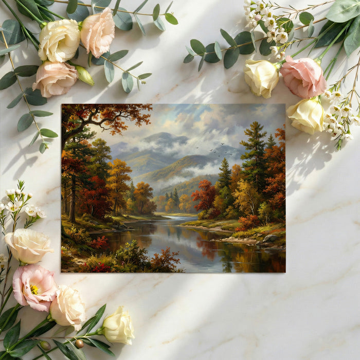 Cozy bedroom interior with a scenic forest river wallpaper mural on the main headboard wall.