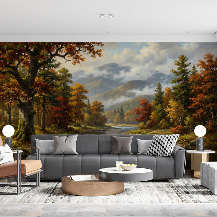 A refined home office space with a classic autumn valley mural providing a tranquil nature backdrop.