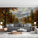 A refined home office space with a classic autumn valley mural providing a tranquil nature backdrop.