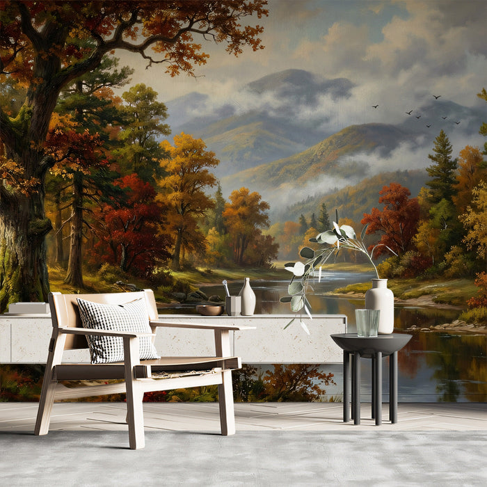 Living room featuring an autumn landscape wall mural behind a leather sofa and wooden coffee table.