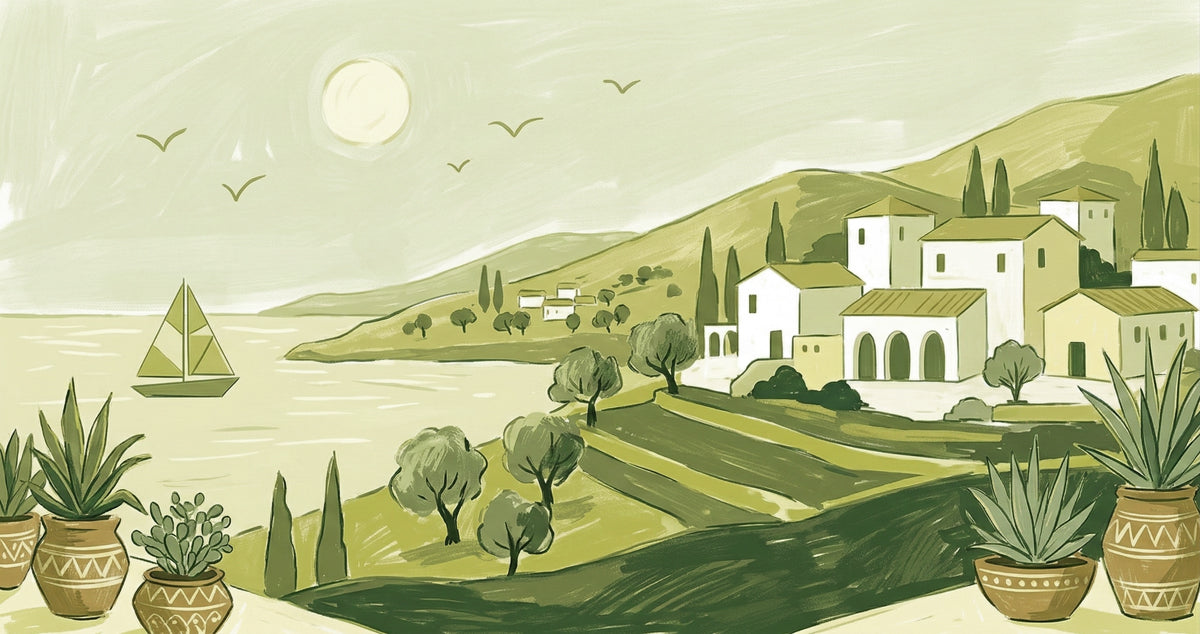 Painterly Mediterranean coastal scene with olive groves and villas in shades of sage and olive green
