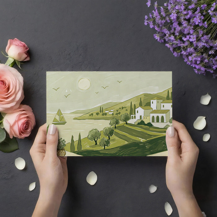 Coastal mural wallpaper featured in a minimalist dining room with light oak furniture