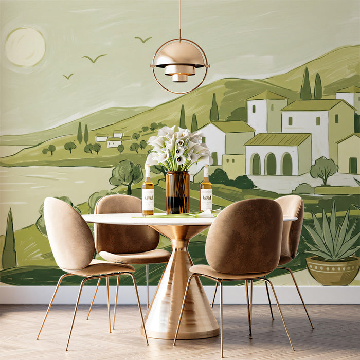 Serene hillside scene mural applied to a sun-drenched home office wall