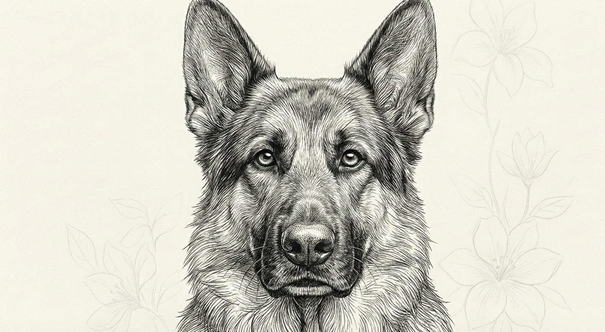 Close-up of a detailed charcoal ink line art illustration of a German Shepherd on a cream background.