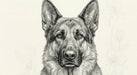 Close-up of a detailed charcoal ink line art illustration of a German Shepherd on a cream background.