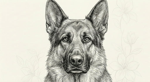 Close-up of a detailed charcoal ink line art illustration of a German Shepherd on a cream background.