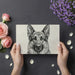 Entryway wall decor showcasing the dog portrait mural paired with simple, modern furniture.