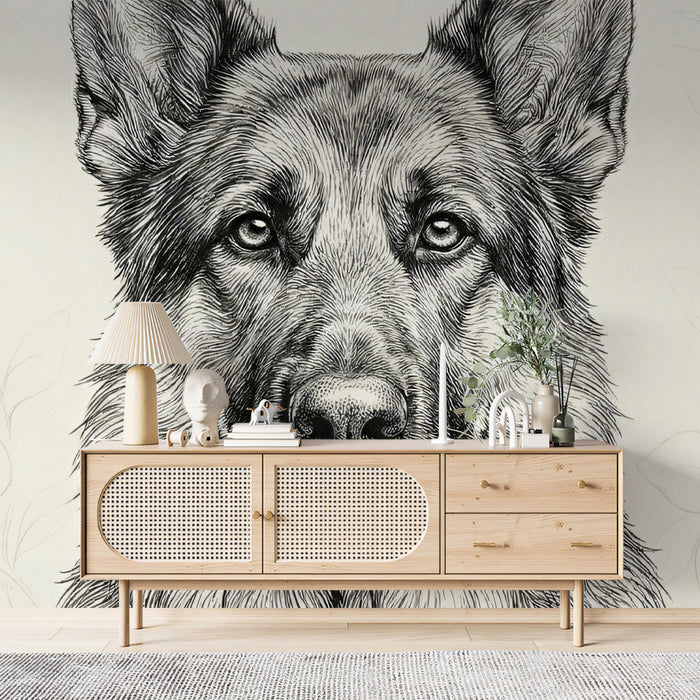 A cozy home study featuring a German Shepherd mural behind a solid wood desk and leather chair.