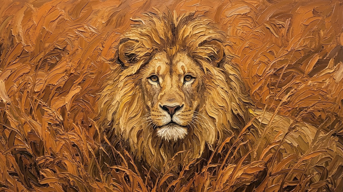 A close-up portrait of a lion in tall grass, created with thick, textured impasto oil paint in shades of ochre and umber.