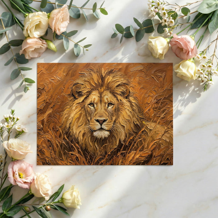 A masculine home office with the lion mural, complemented by dark wood furniture and warm ambient lighting.