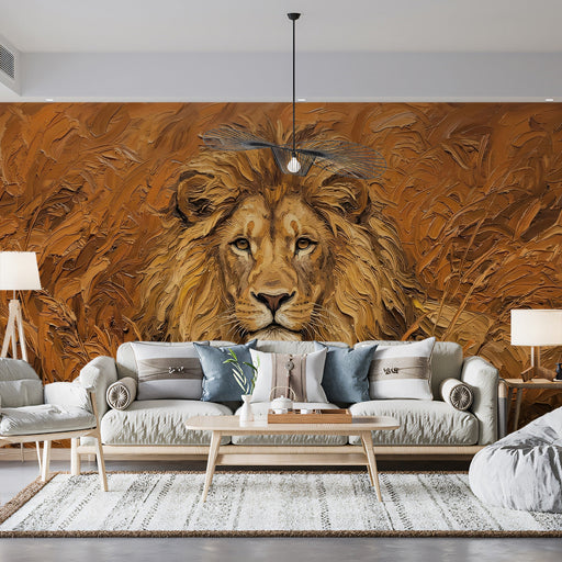 A stylish living room featuring the lion portrait mural as a bold, artistic feature wall behind a velvet sofa.