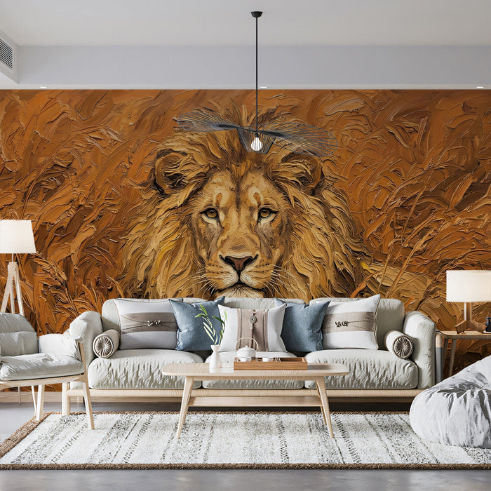 A stylish living room featuring the lion portrait mural as a bold, artistic feature wall behind a velvet sofa.