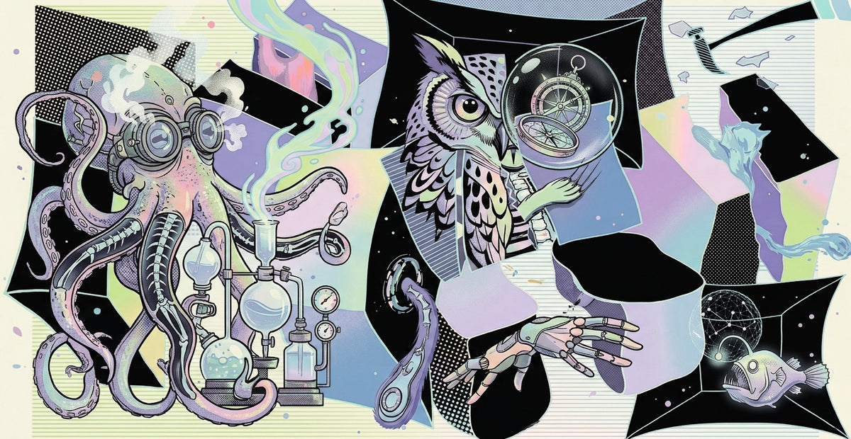 Graphic illustration of a steampunk octopus and owl in a laboratory setting with lavender and mint tones.