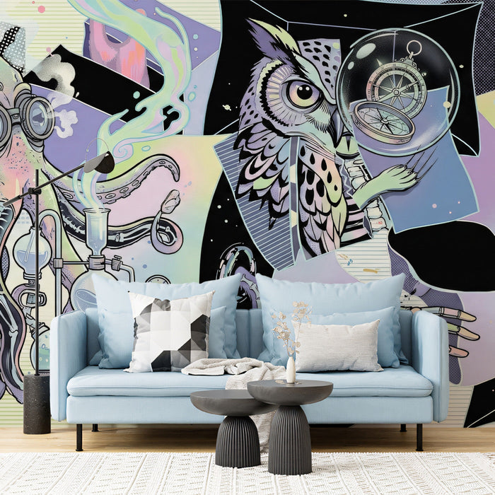 A vibrant, artistic home office wall featuring the steampunk laboratory mural.
