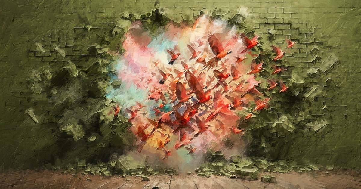 An oil painting style mural of red birds emerging from a crumbling olive green brick wall.