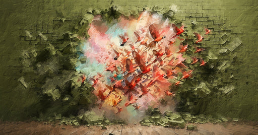 Oil painting style wallpaper showing a flock of red birds bursting through a crumbling olive green brick wall