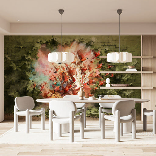 An atmospheric dining room setting featuring the artistic bird mural on a main wall.