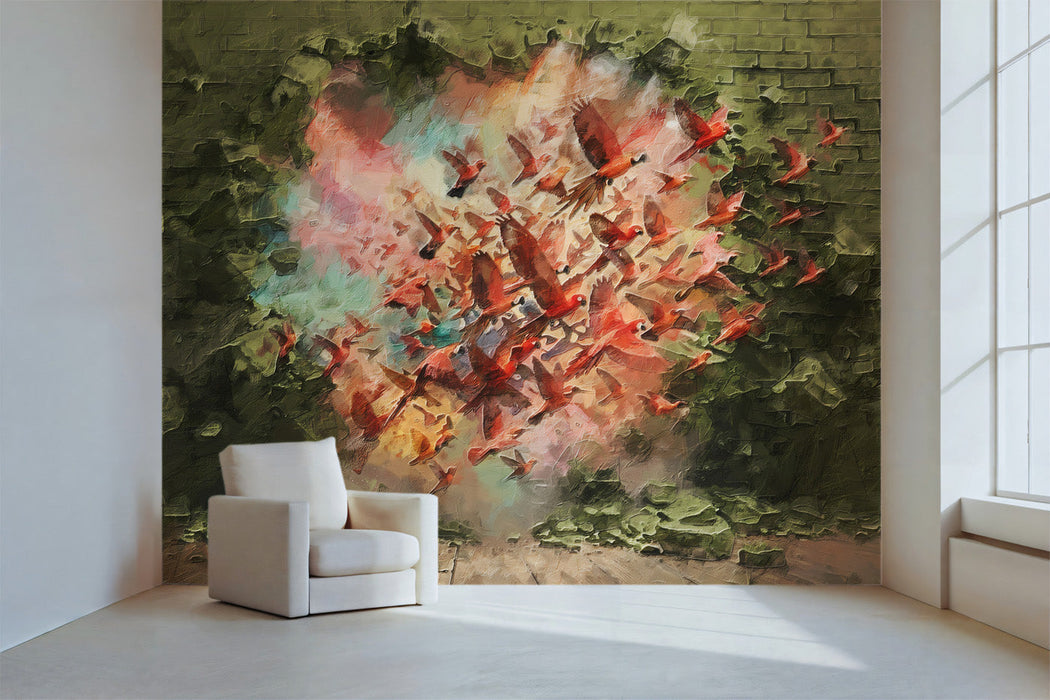 Living room interior featuring an artistic bird mural as a dramatic focal point behind a minimalist sofa