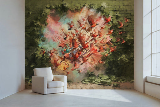 Living room interior featuring an artistic bird mural as a dramatic focal point behind a minimalist sofa