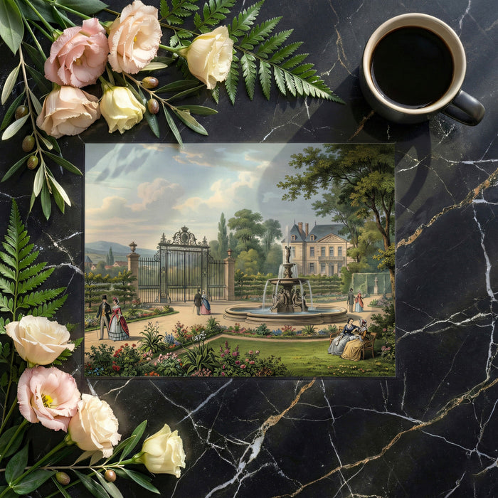 A sophisticated dining room featuring the chateau garden mural as a scenic backdrop.