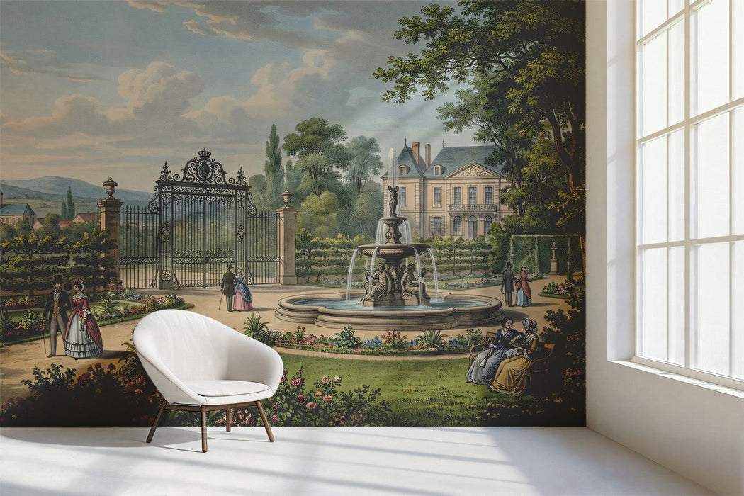 The garden landscape mural installed in a formal living room with antique furniture.