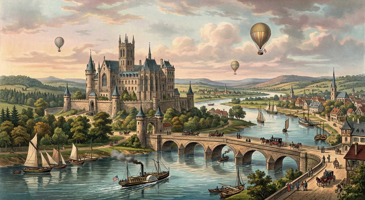 A romanticized landscape mural with a stone castle, river boats, and hot air balloons in soft vintage colors.