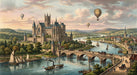 A romanticized landscape mural with a stone castle, river boats, and hot air balloons in soft vintage colors.