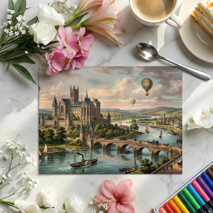 A formal dining room with a panoramic medieval river mural as a wall feature.