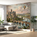 A grand entryway featuring a sprawling historical landscape wallpaper mural.