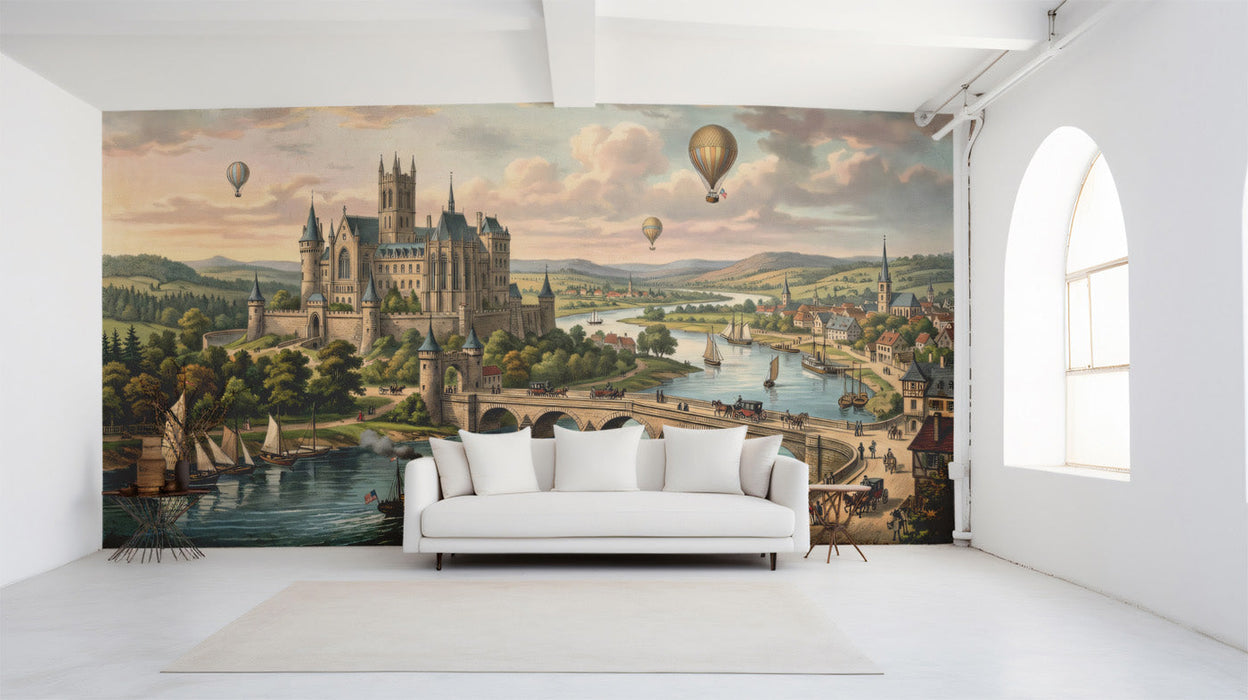 A home library featuring a castle landscape mural behind a dark mahogany desk.