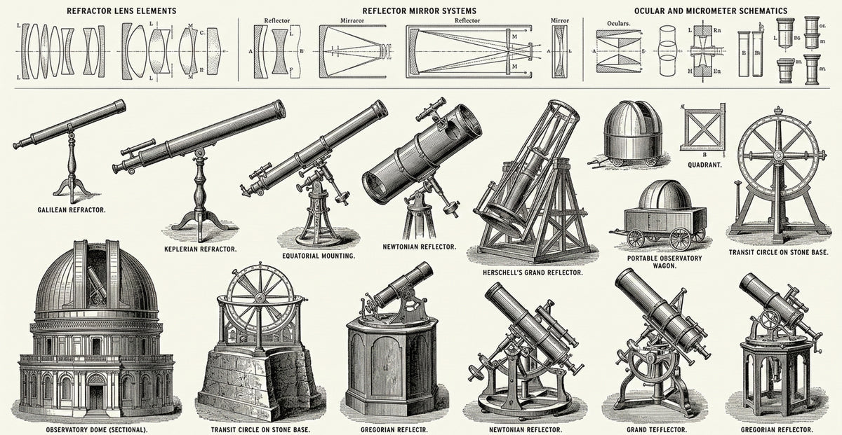 Vintage astronomical telescope technical drawings and observatory diagrams in black ink on parchment background