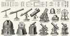 Vintage astronomical telescope technical drawings and observatory diagrams in black ink on parchment background