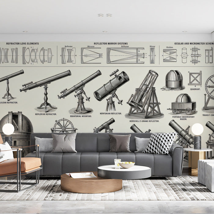 Historical study room interior with a feature wall of telescope and observatory diagrams