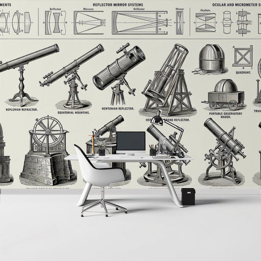 Scientific telescope wallpaper installed in a home office with a dark wooden desk