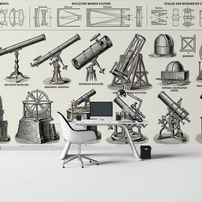 Scientific telescope wallpaper installed in a home office with a dark wooden desk