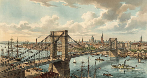 Vintage lithograph-style mural featuring a grand suspension bridge and historic steamships on a river