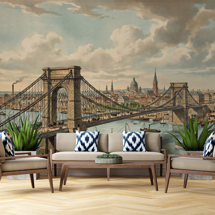 Detailed maritime city landscape mural featured in a classic study room with dark wood furniture