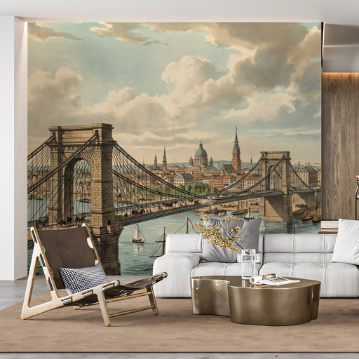 Panoramic historical bridge mural installed as a feature wall in a spacious home library