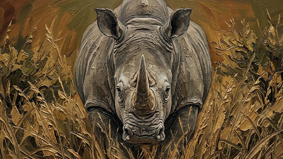 A thick oil painting style mural of a rhino emerging from golden brown grass