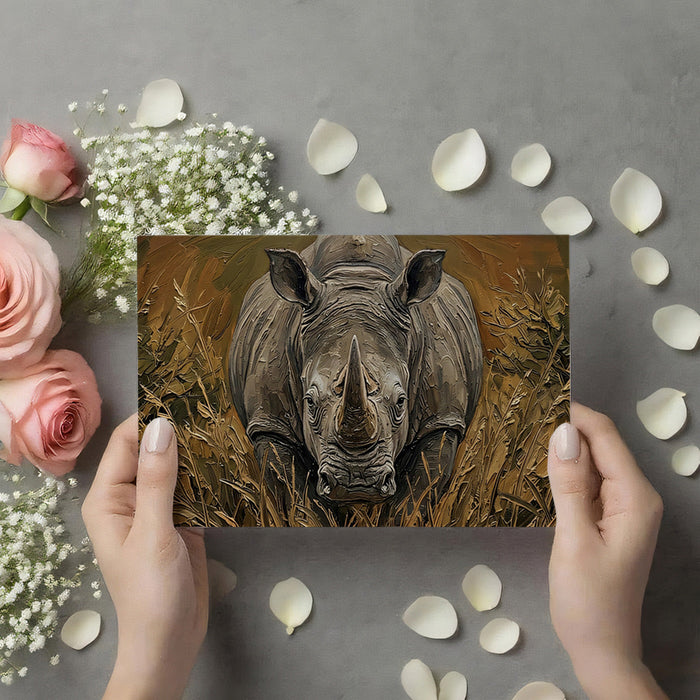 A modern living room with a textured rhino portrait mural as a focal point