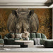 A masculine bedroom design featuring a striking animal oil painting mural