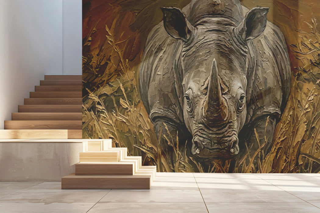 A cozy home office featuring a rhino mural on the wall behind a wooden desk