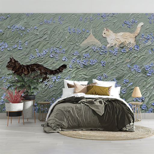 Study room wall featuring a textured cat and floral mural, styled with a simple reading chair.