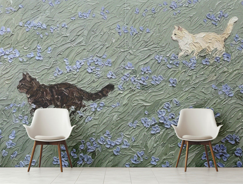 Whimsical cat meadow mural installed in a light-filled nursery with minimalist wooden furniture.