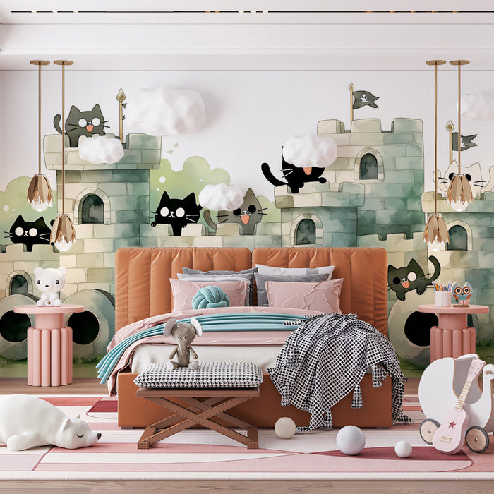 A nursery room interior decorated with the soft, storybook-style cat and castle mural.