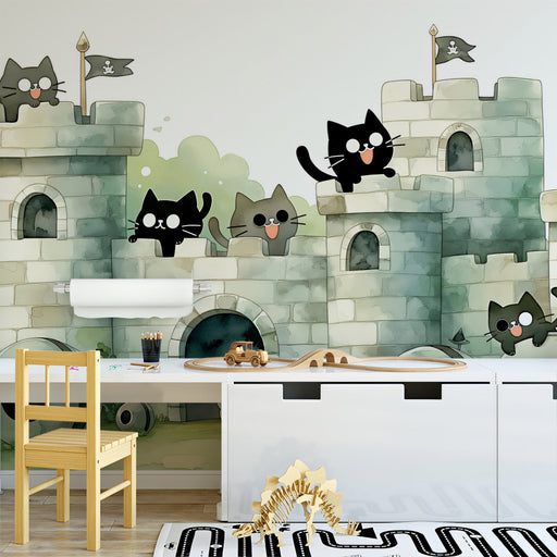 A bright, cheerful child's bedroom featuring the cat castle wallpaper on the main wall.