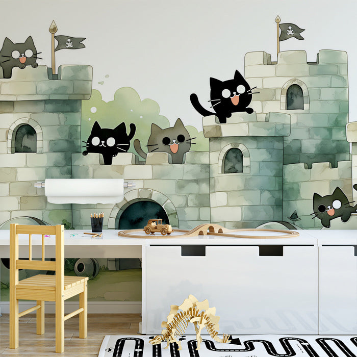 A bright, cheerful child's bedroom featuring the cat castle wallpaper on the main wall.